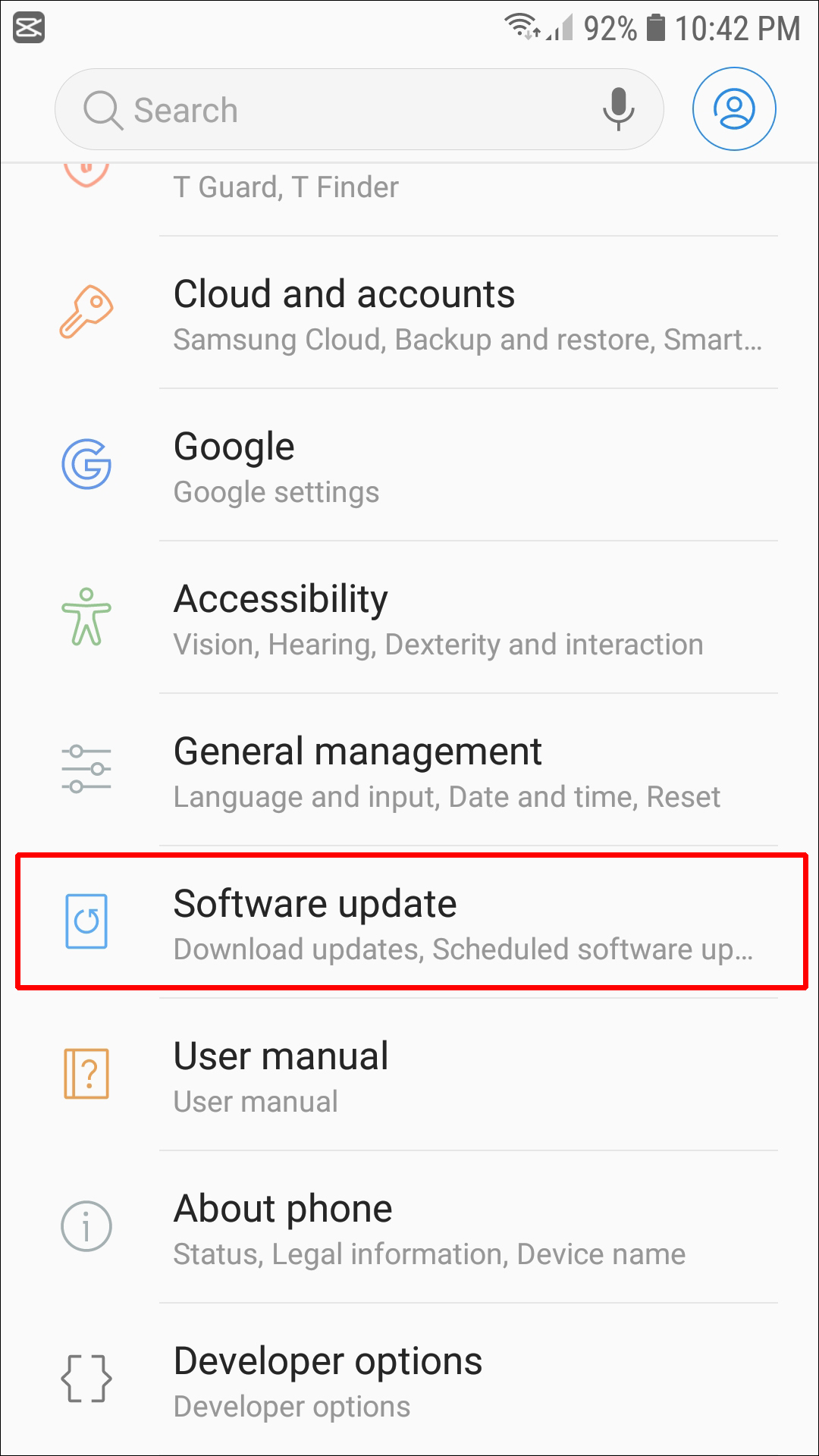 software update in settings