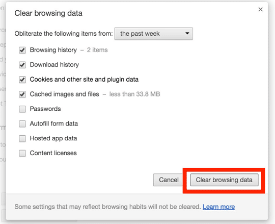 deleting your cache, browsing data and cookies