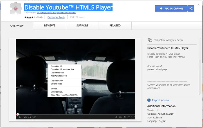 disable youtube html5 player