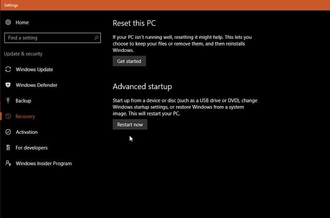 Recovery Settings Windows 10
