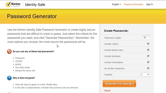 norton generate password