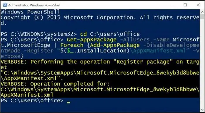 reinstall edge using powershell