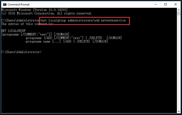 net localgroup Administrators /add networkservice