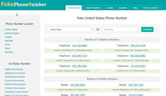 fake phone number