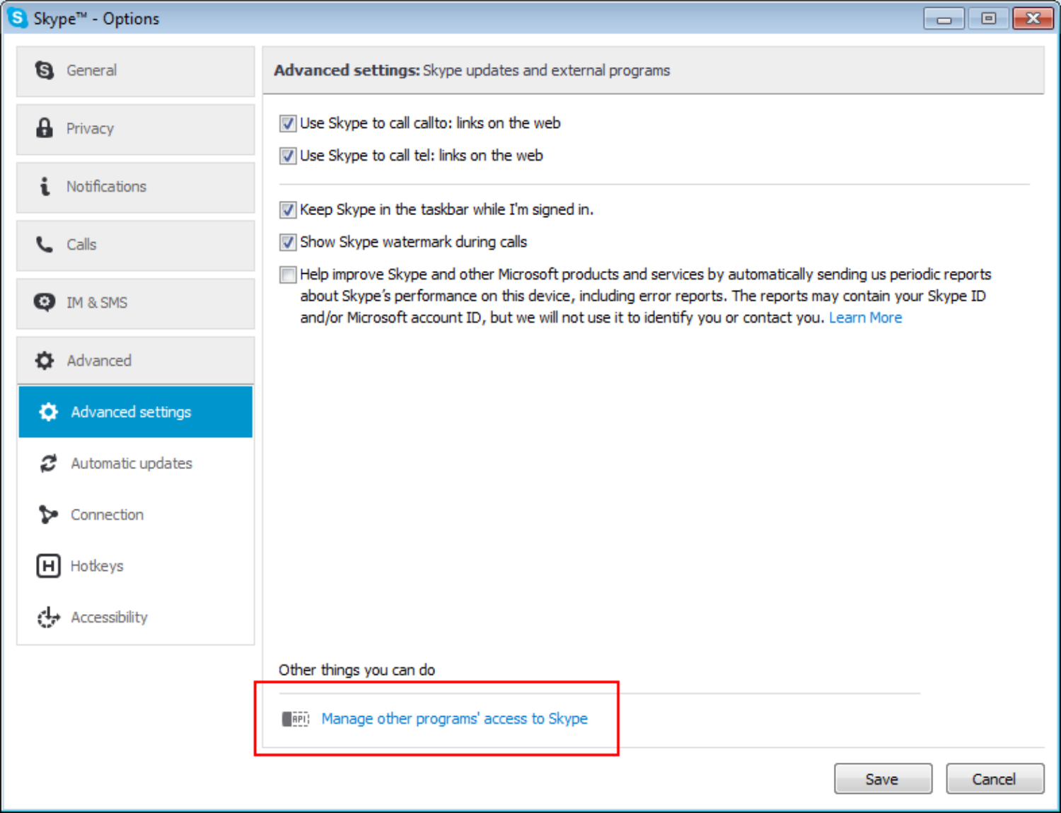 manage other programs access to Skype.”