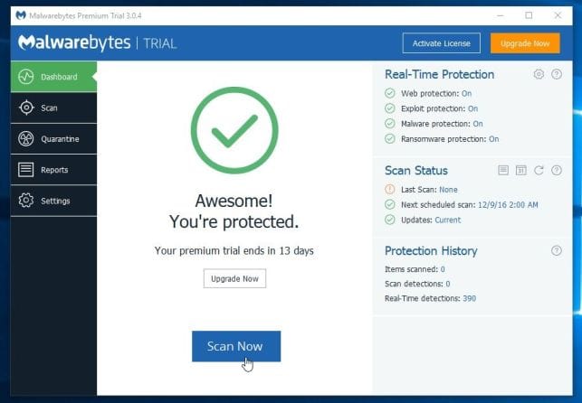 Malwarebytes Сканировать сейчас