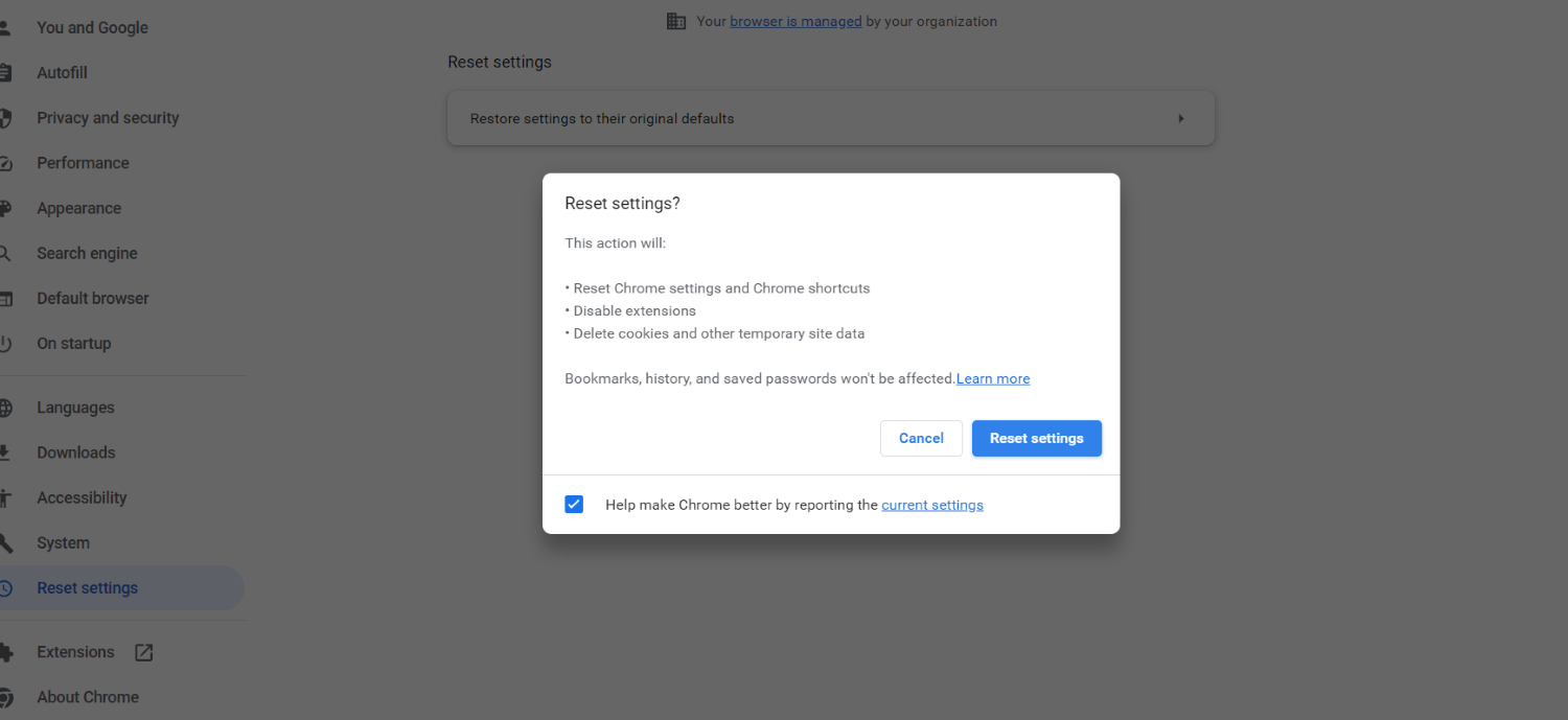 reset settings option in google chrome