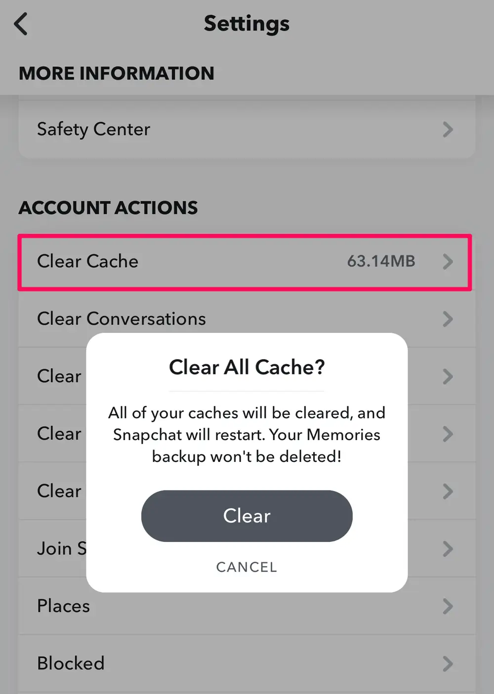 clear cache in snapchat