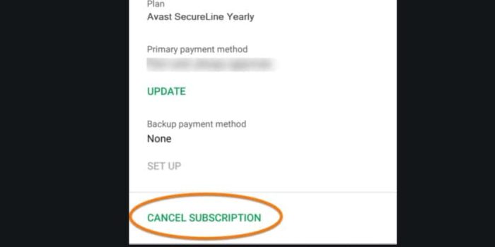 Avast VPN trial cancel subscription on Google Play