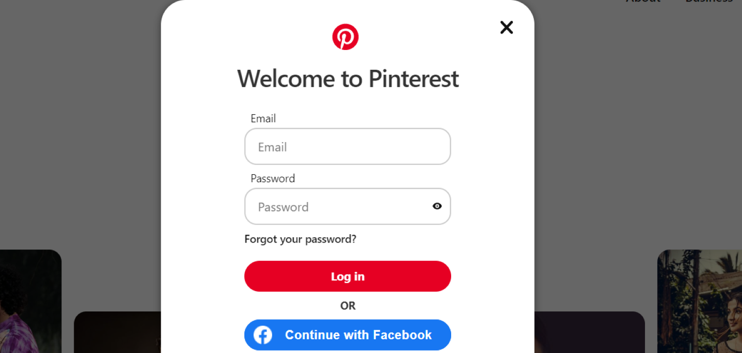 login page of pinterest