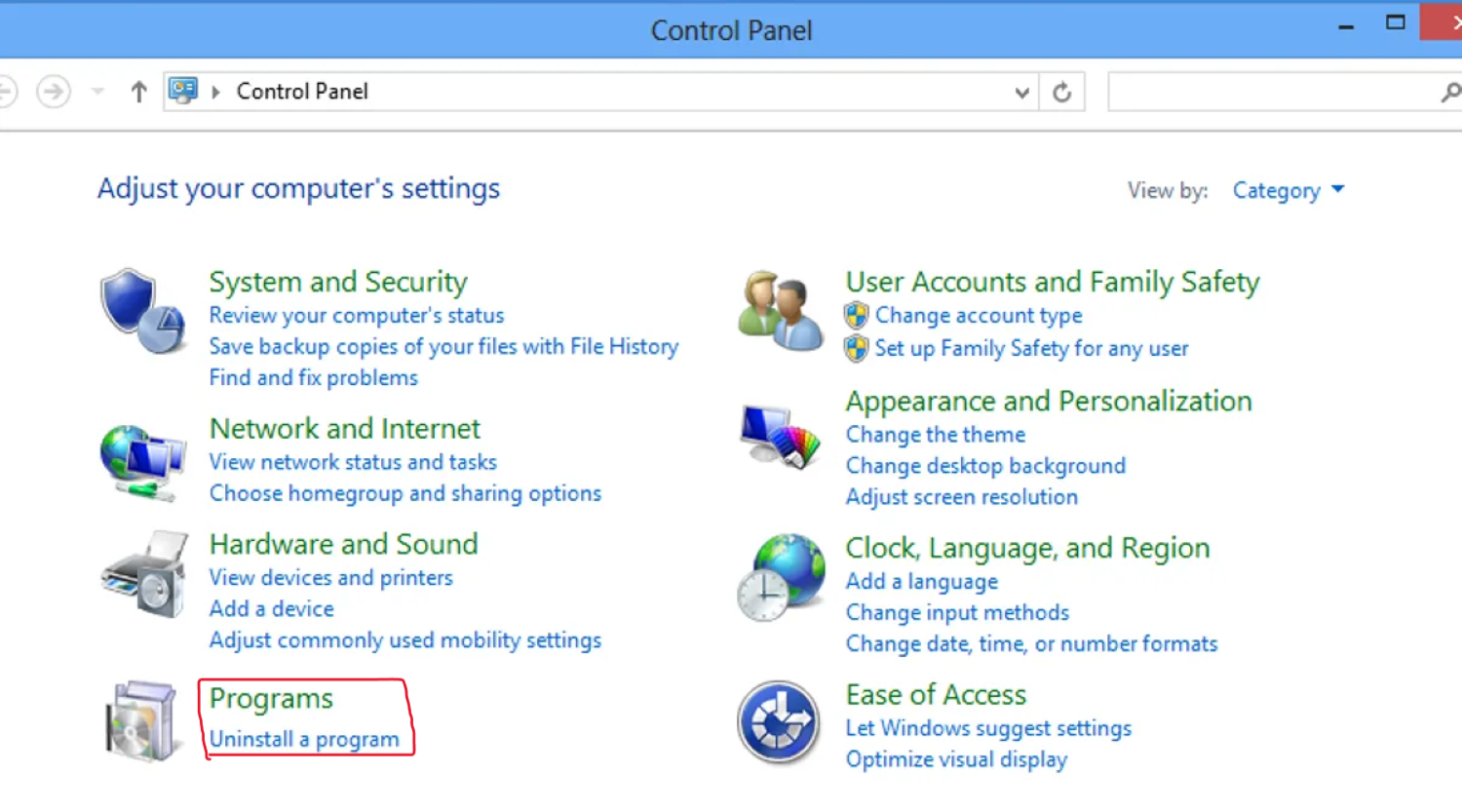 uninstall a program option in control panel