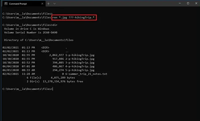 how to rename multiple files using command prompt
