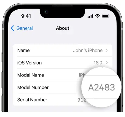 iphone model number in settings under about section
