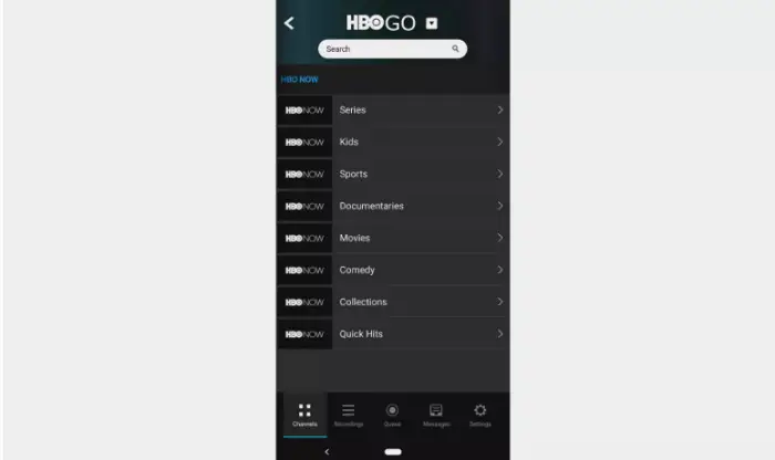 HBO Go stream app homepage