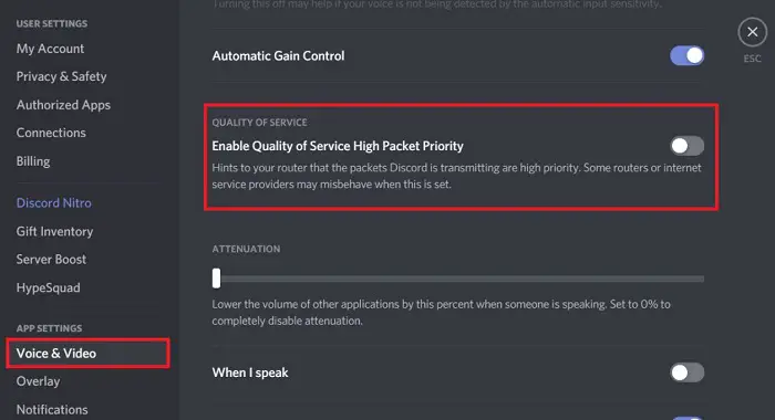 disabling quality of service on discord