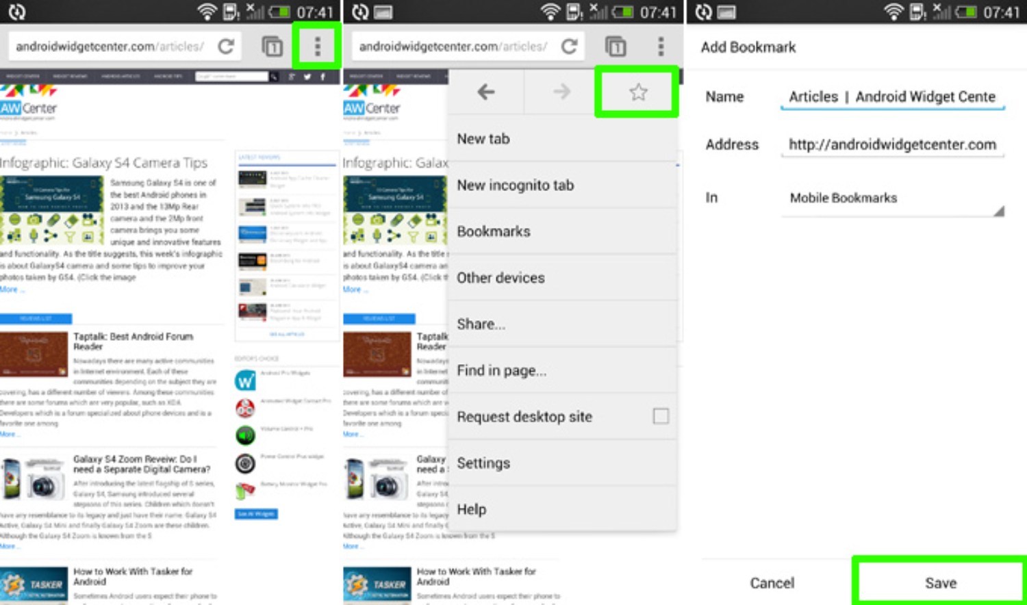 setting a bookmark for android