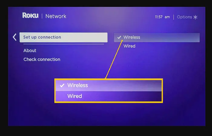 select wireless connection on roku tv
