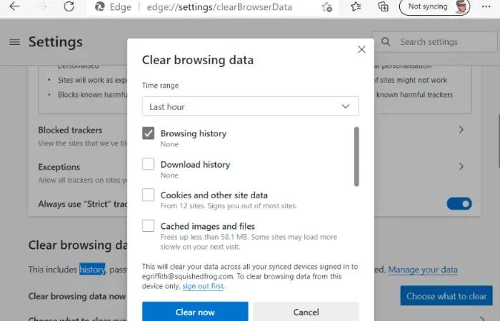 clear browsing cache and data