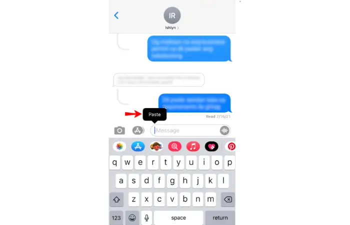 paste in text box in messages