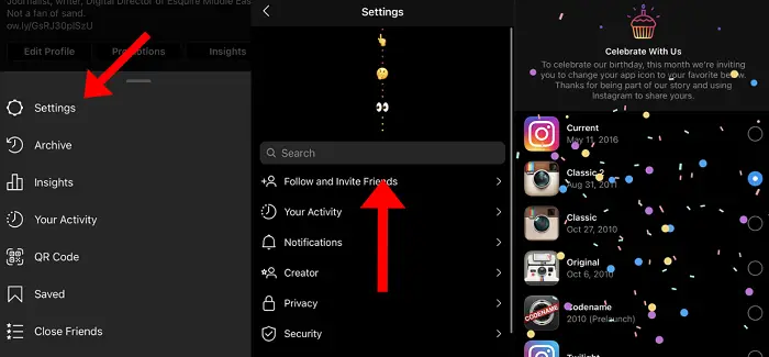 instagram settings drop down menu