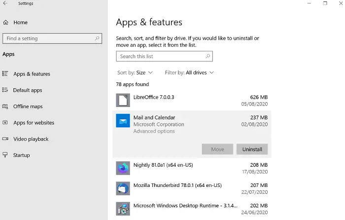 windows 10 app & features