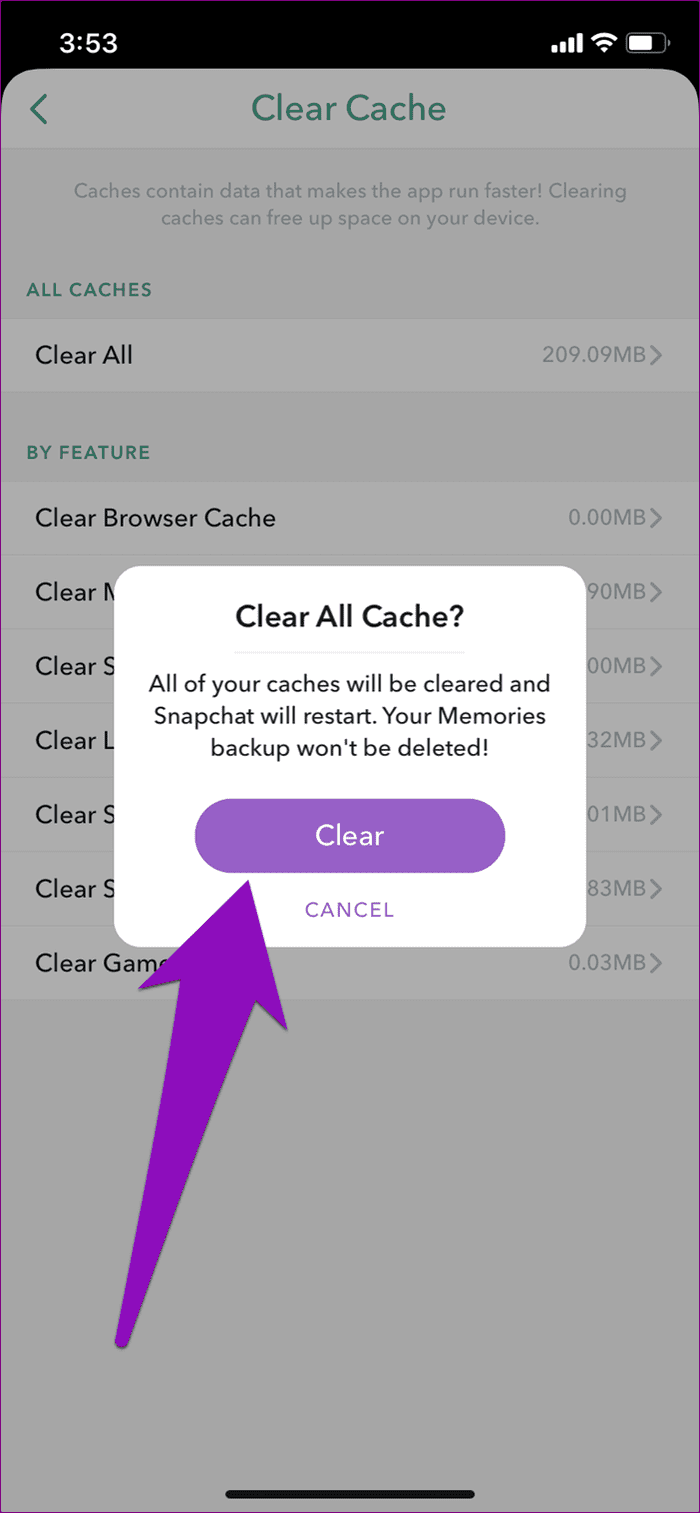 clear cache snapchat