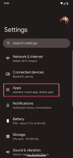 apps option in mobile settings