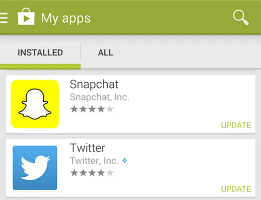 snapchat update option in play store