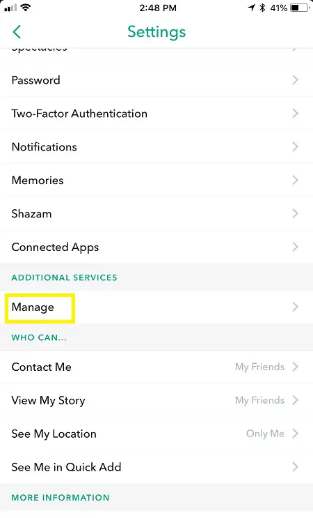 manage settings snapchat
