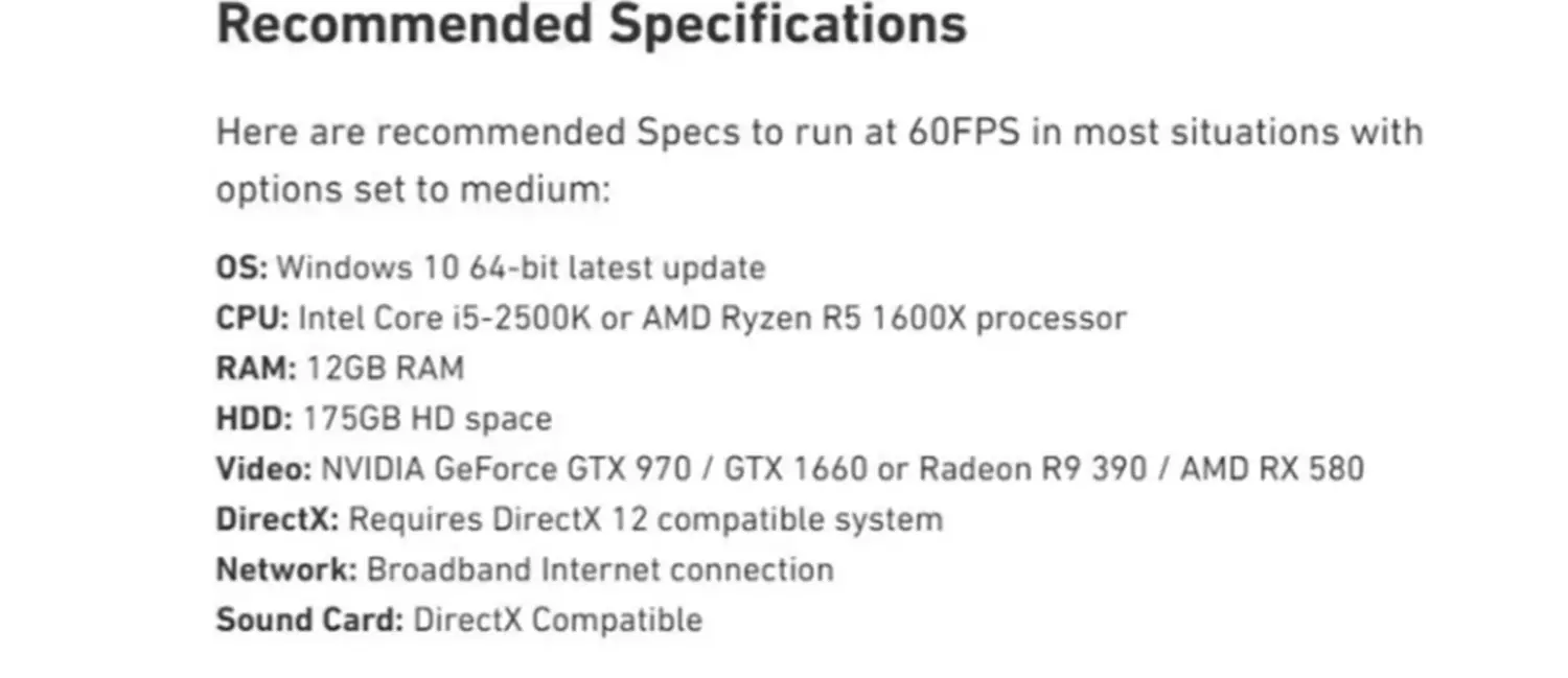 example of recommended specs