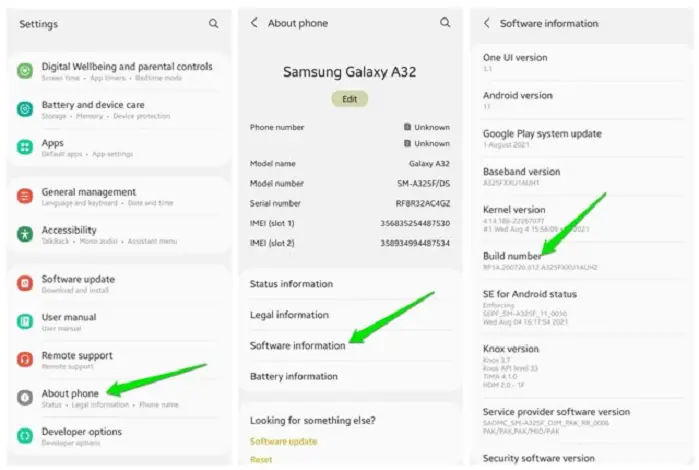 settings, about phone and build number