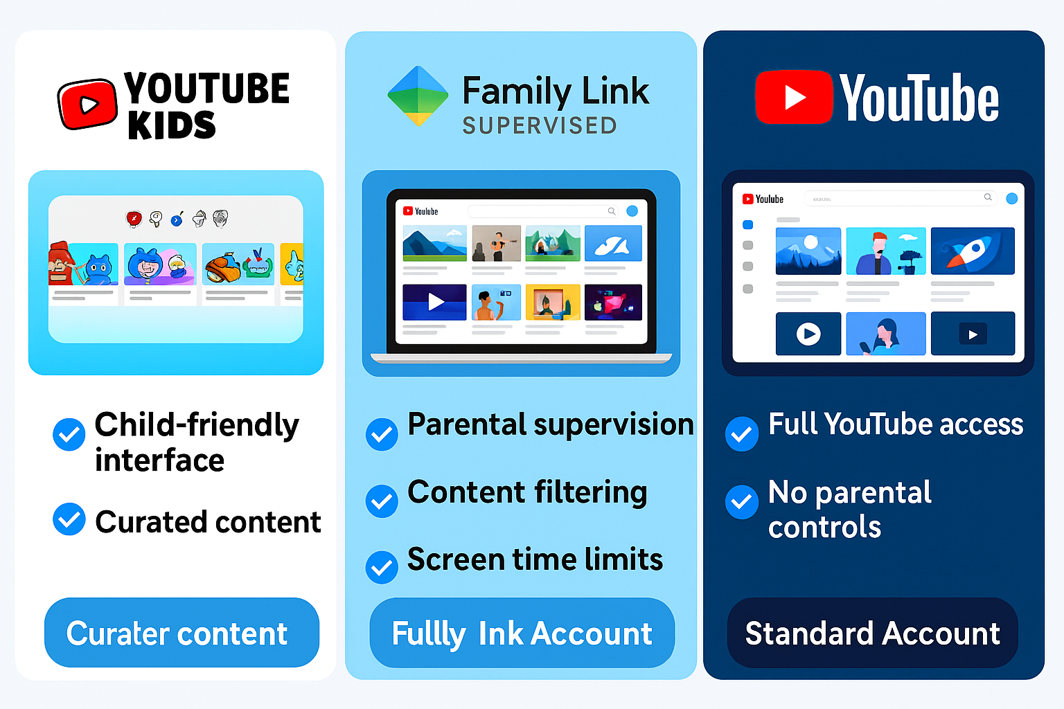 Comparison interface showing YouTube Kids app, Family Link controls, and supervised account settings side by side