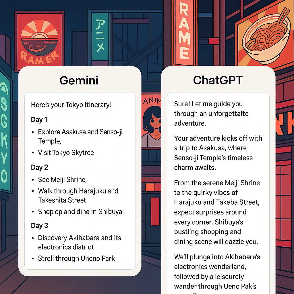 Side-by-side chat comparison between Gemini and ChatGPT planning a Tokyo trip.