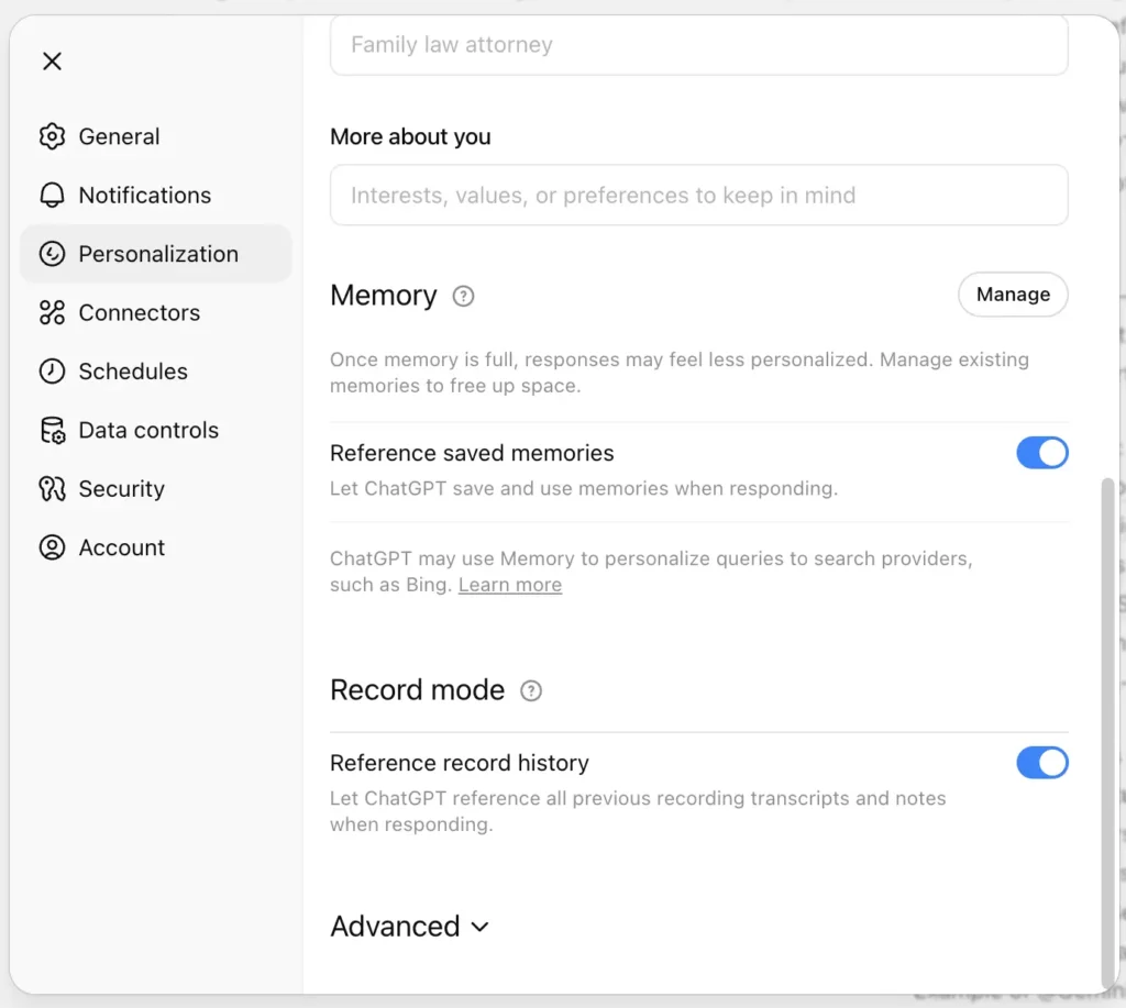 ChatGPT memory settings