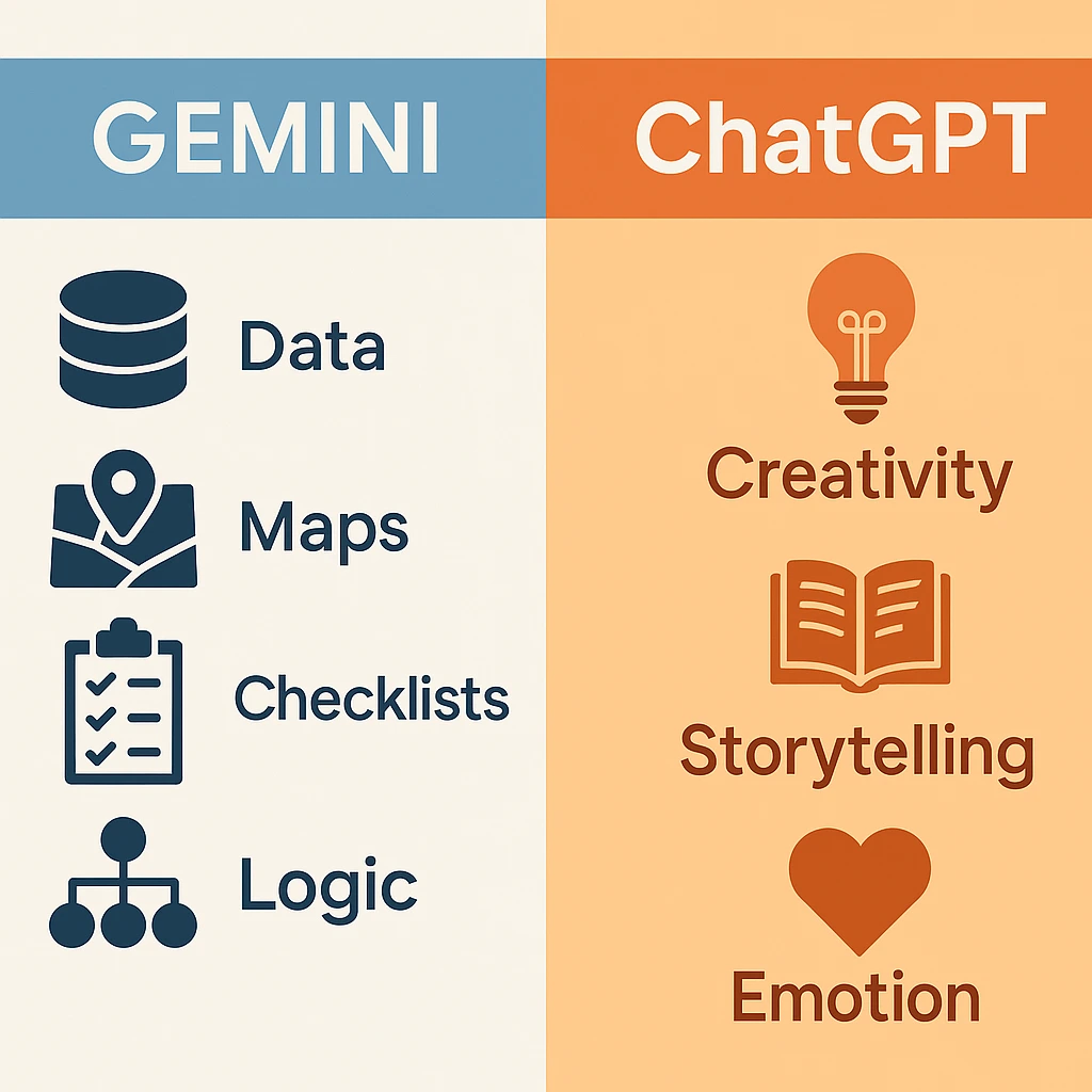 Infographic comparing Gemini’s data-driven precision and ChatGPT’s storytelling creativity.