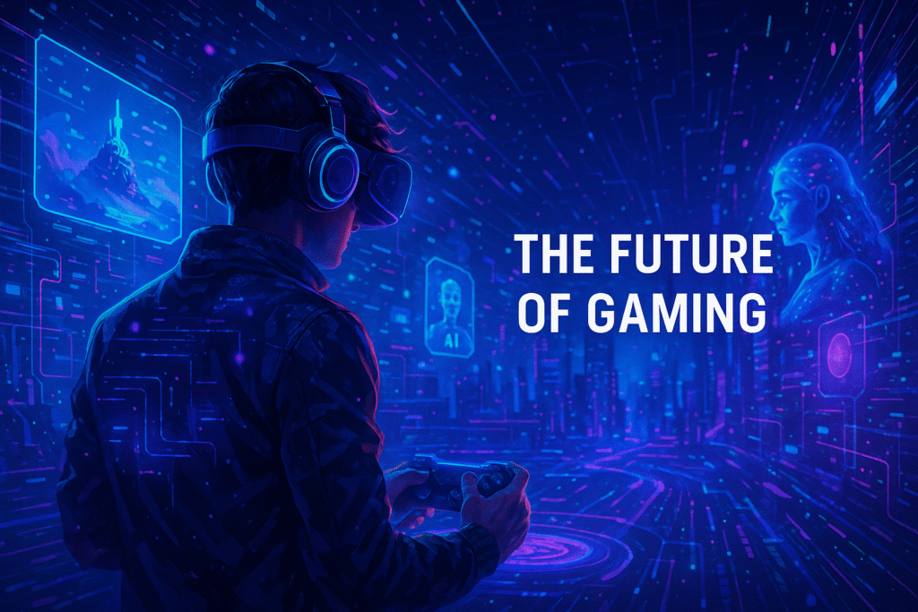 Digital artwork of a gamer in VR exploring holographic virtual worlds and AI environments, representing the future of gaming and next-gen technology.