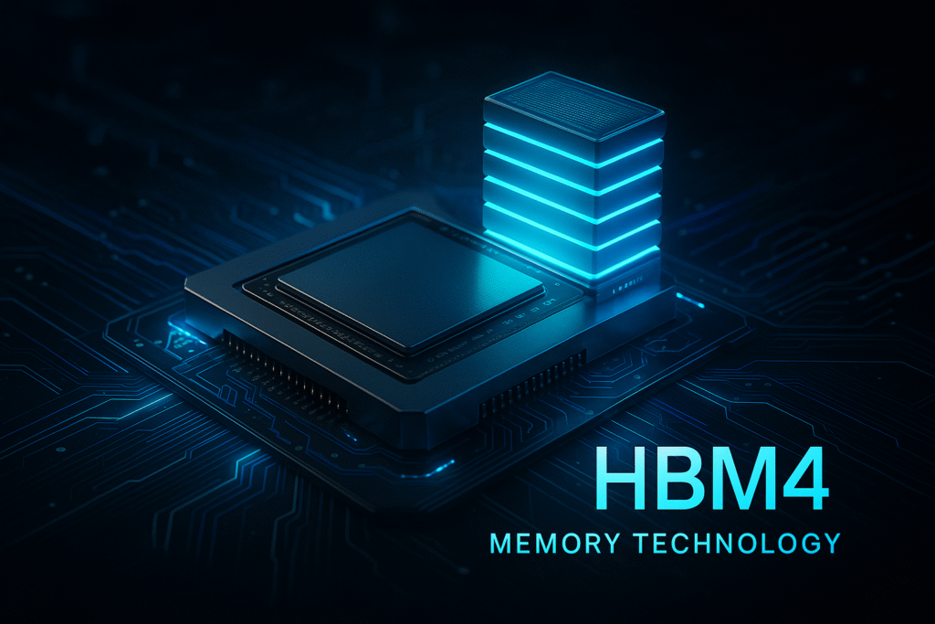 Futuristic digital illustration of a GPU chip with glowing HBM4 memory stacks on a neon-lit circuit board, symbolizing high-bandwidth AI computing technology.