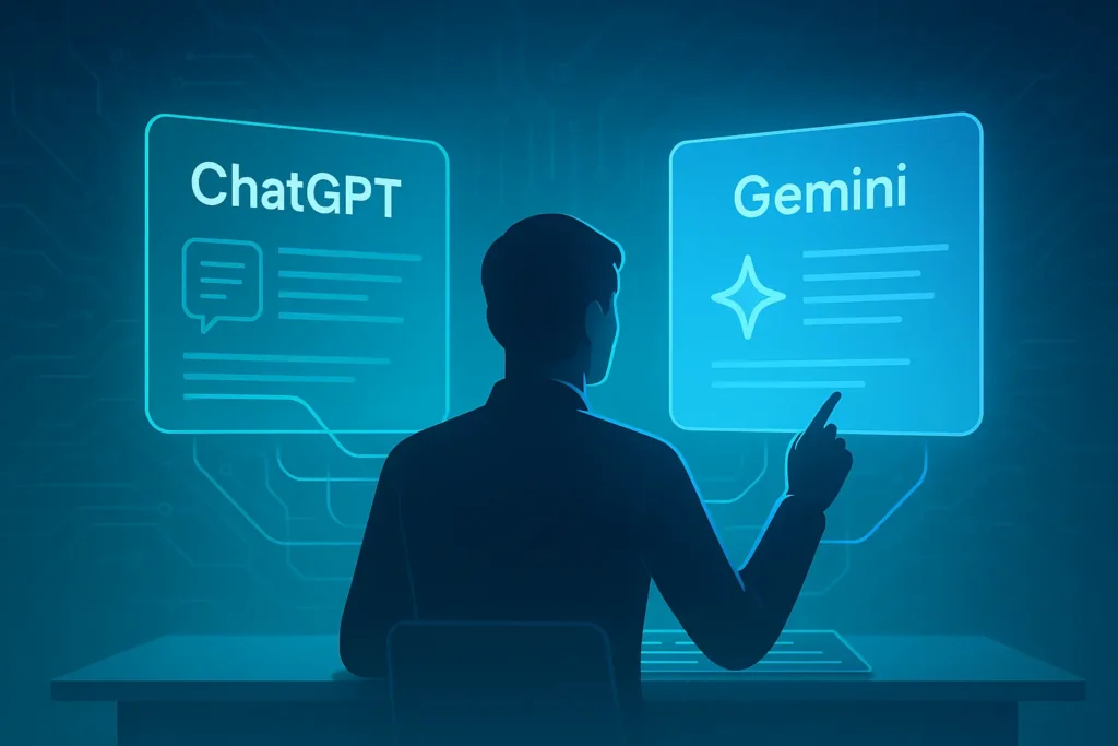 Person using ChatGPT and Gemini AI tools together on futuristic holographic screens in a modern workspace, symbolizing collaboration between two AIs.